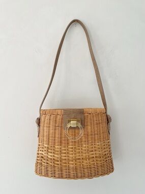 Pamela Munson Olivia Woven Rattan Bag Leather Shoulder Strap Boho Resort Cruise